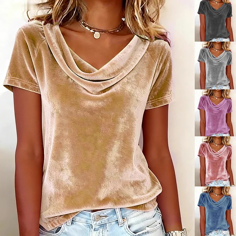 Chic Velvet Draped Neck T-Shirt