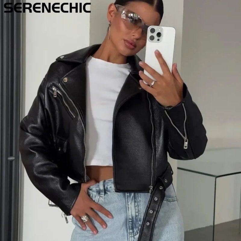 Chic Black Faux Leather Biker Jacket