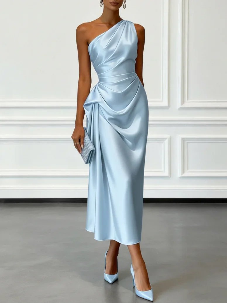 Elegant One-Shoulder Satin Midi Dress