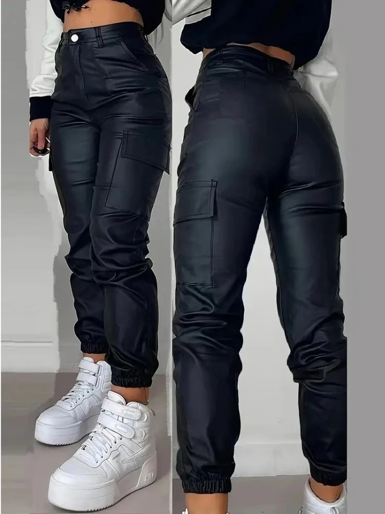 Chic High-Waist Faux Leather Cargo Pants