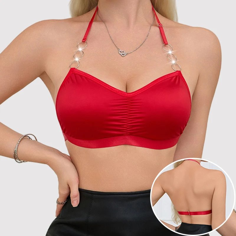 Red Halter Bralette with Metal Rings