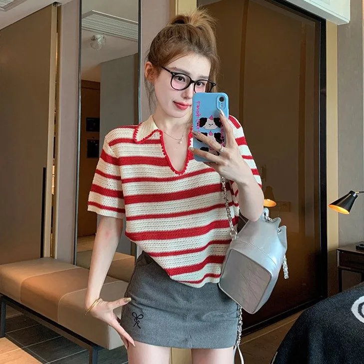 Women's Red Striped V-Neck Polo