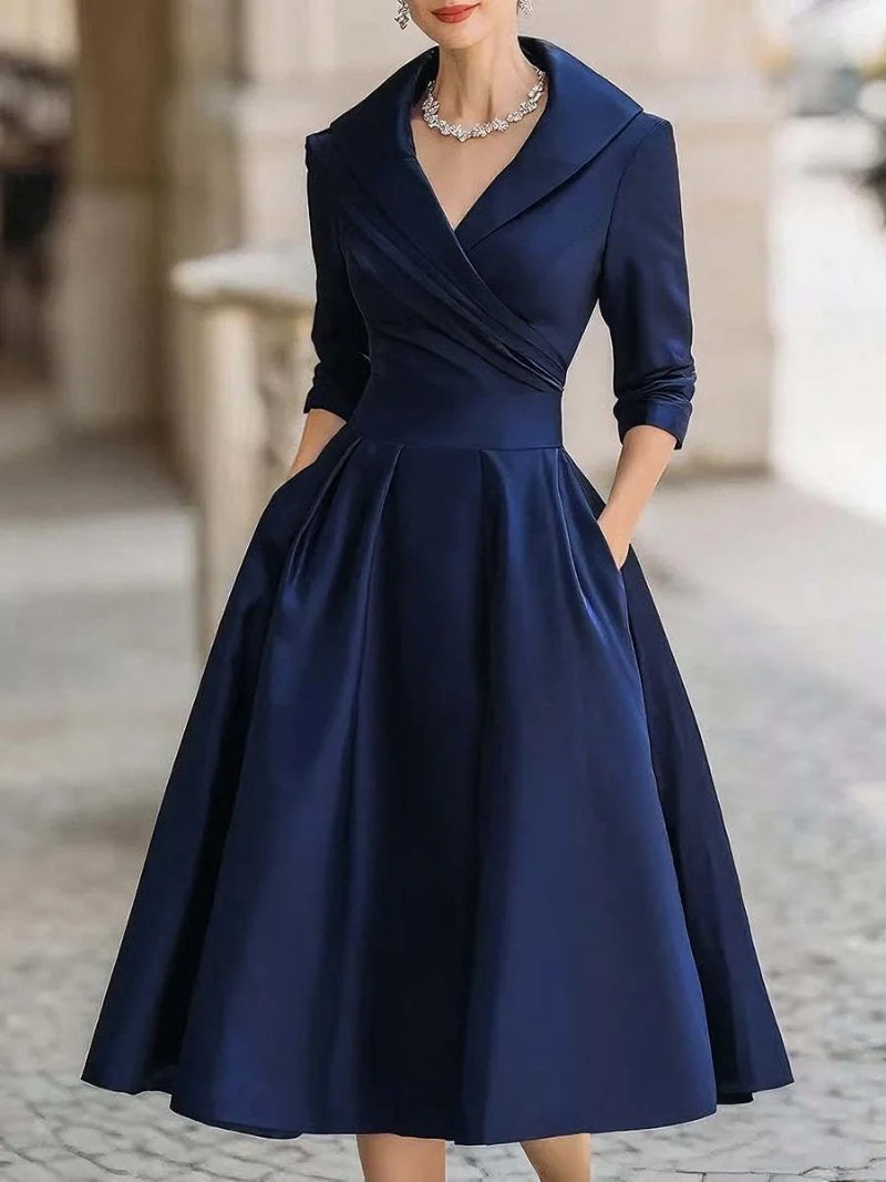 Vintage V-Neck Midi Dress with Pockets