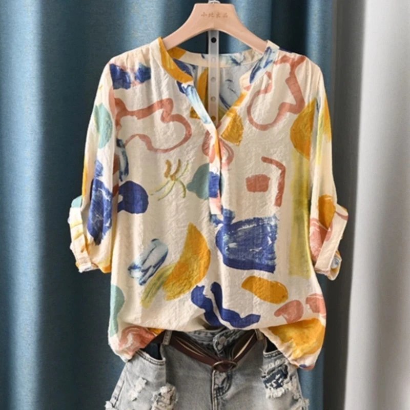 Abstract V-Neck Summer Blouse