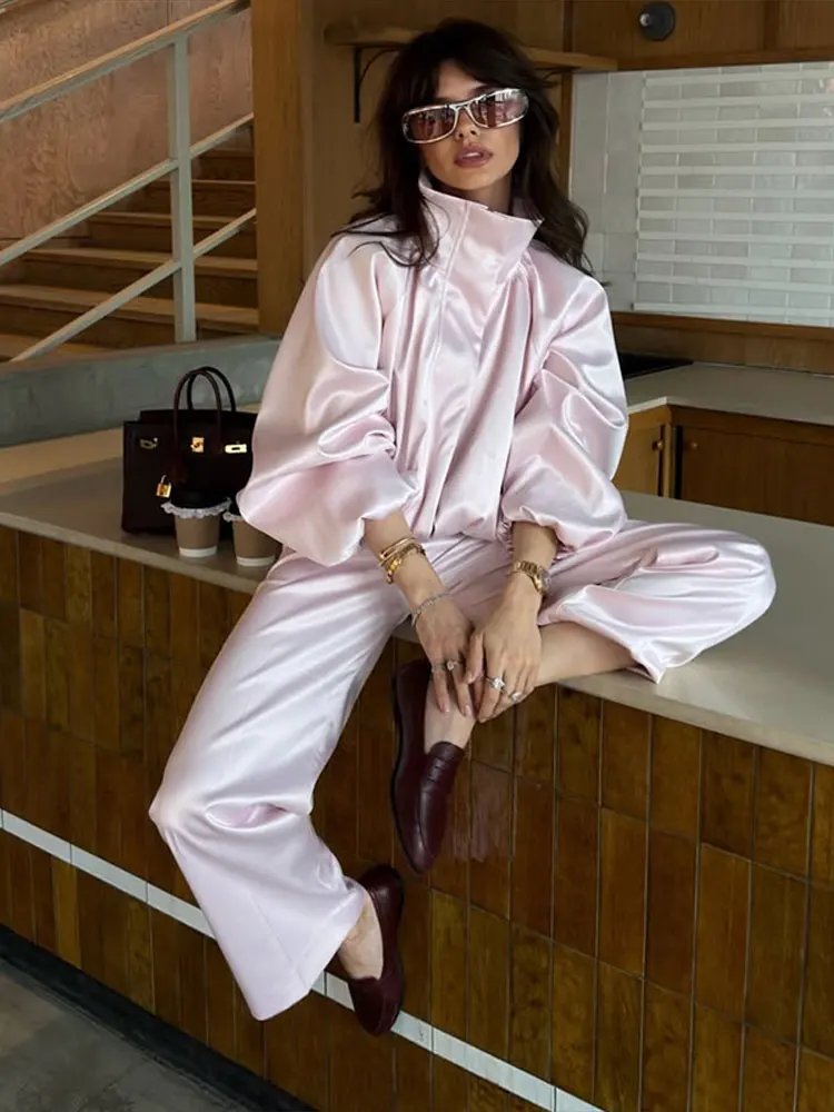 Chic Satin Bomber Jacket & Pants Set
