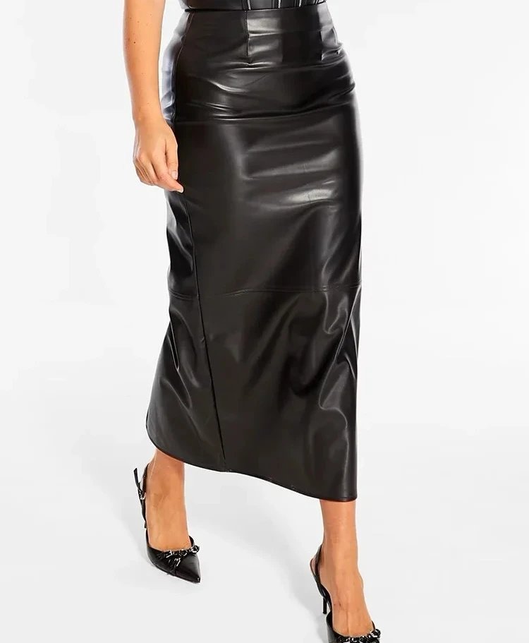 Elegant Plus Size Faux Leather Midi Skirt