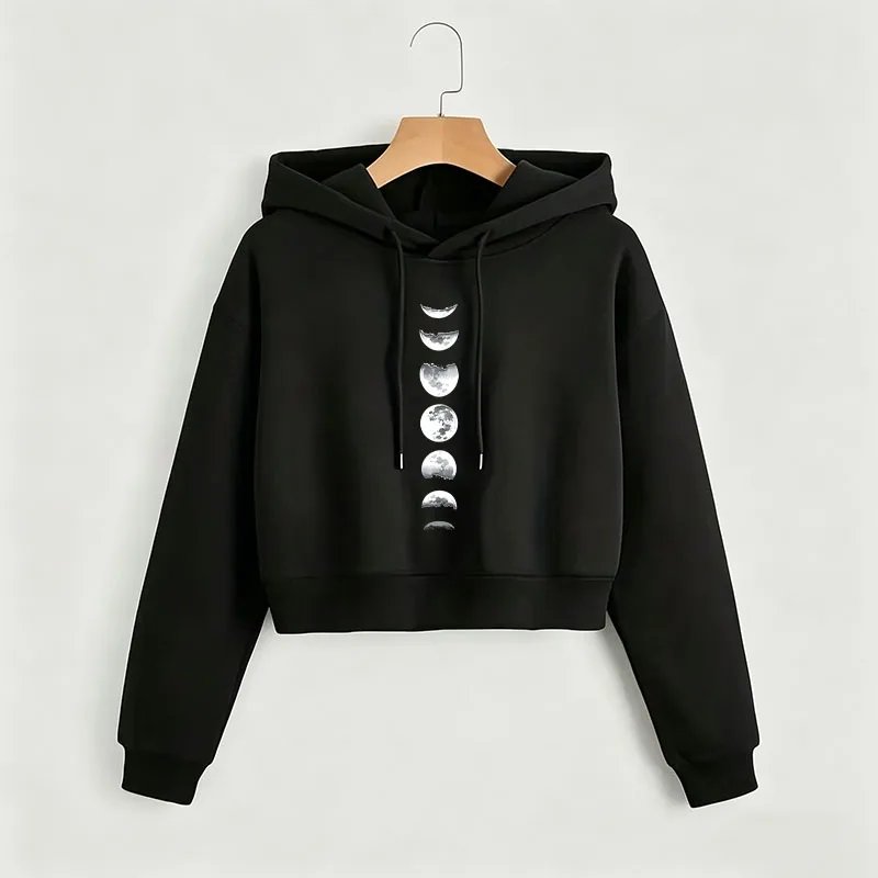Gothic Moon Print Cropped Hoodie