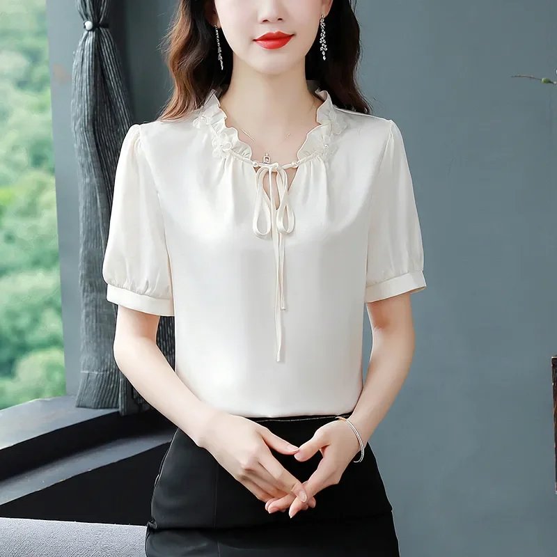 Elegant Satin Ruffle Neck Blouse