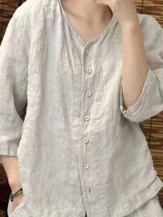 Chic Retro Linen V-Neck Shirt