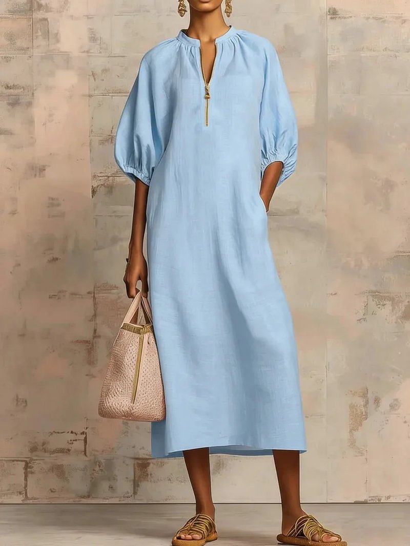 Chic Linen-Style Bubble Sleeve Dress