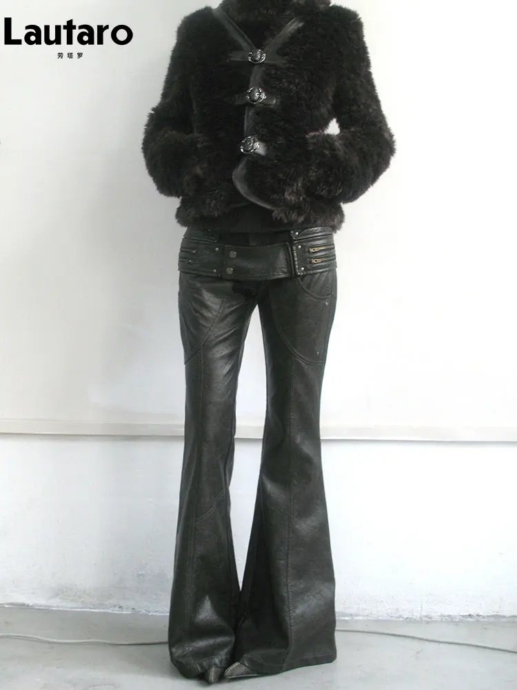 High Waist Distressed Leather Flare Pants