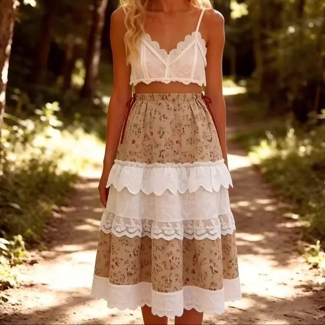 Vintage Floral Midi Skirt with Lace