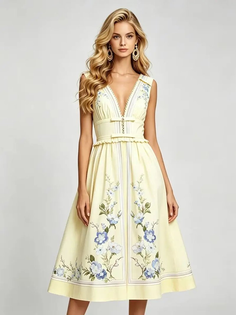 Elegant Deep V-Neck Floral Midi Dress