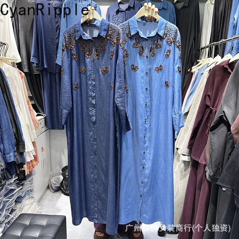 Chic Denim Dress with Butterfly Embroidery