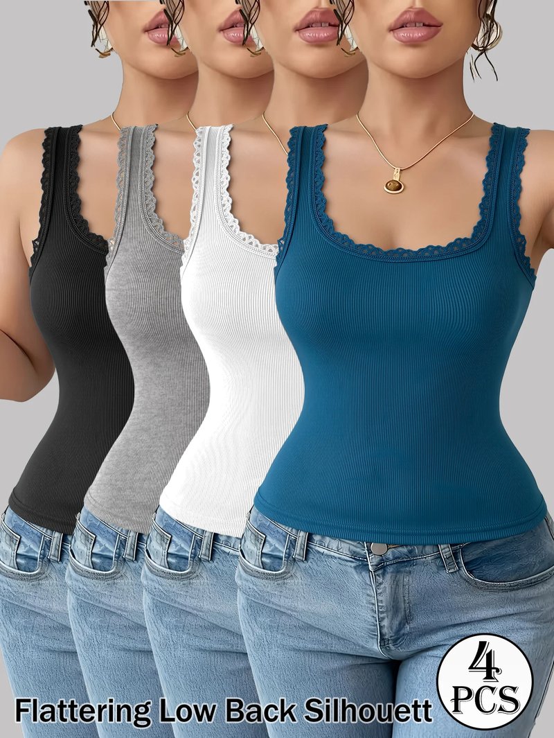 4-Pack Women's Lace Trim Tank Tops