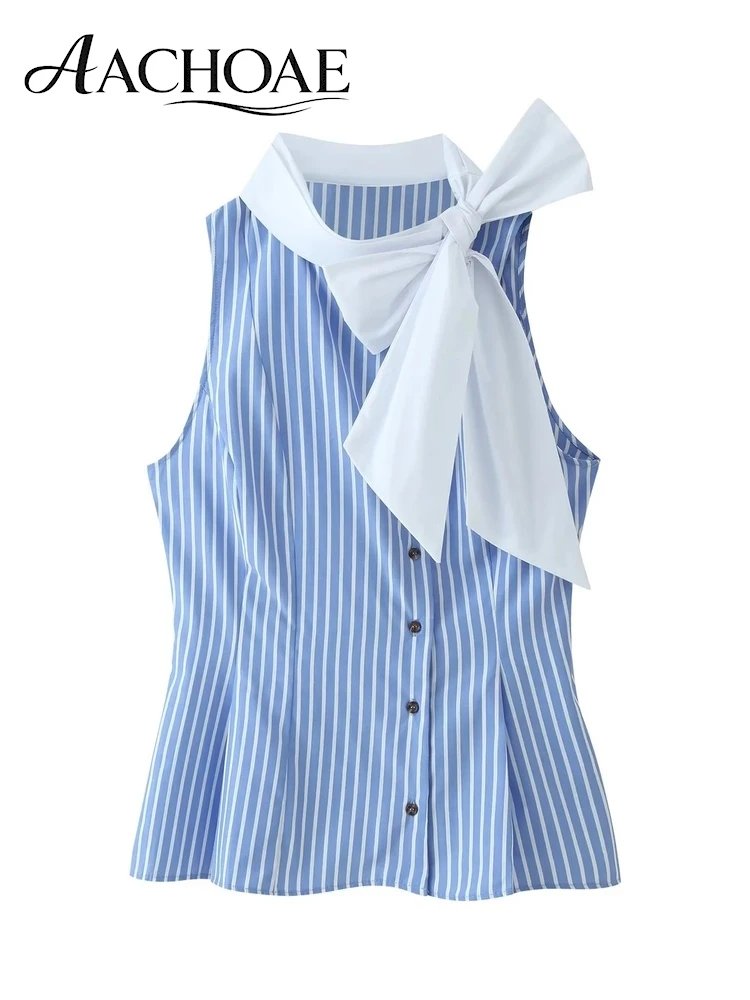 Elegant Blue Stripe Sleeveless Blouse
