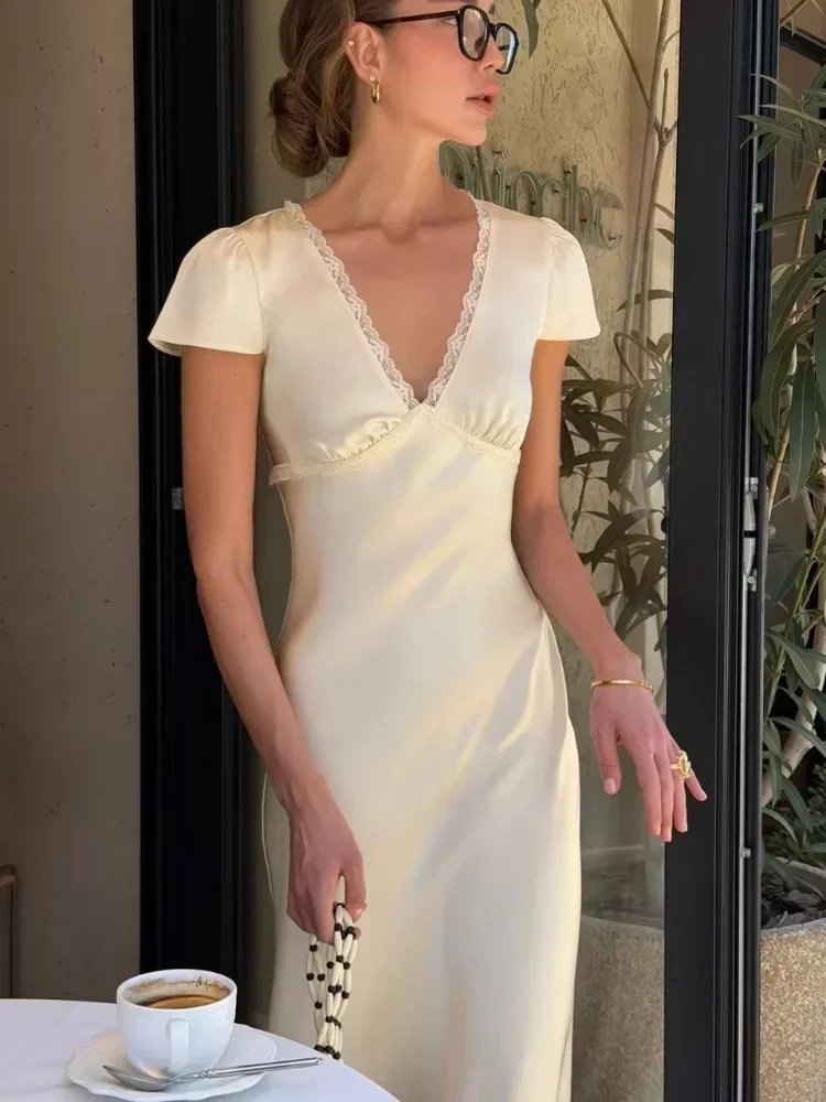 Elegant Satin Lace Midi Dress