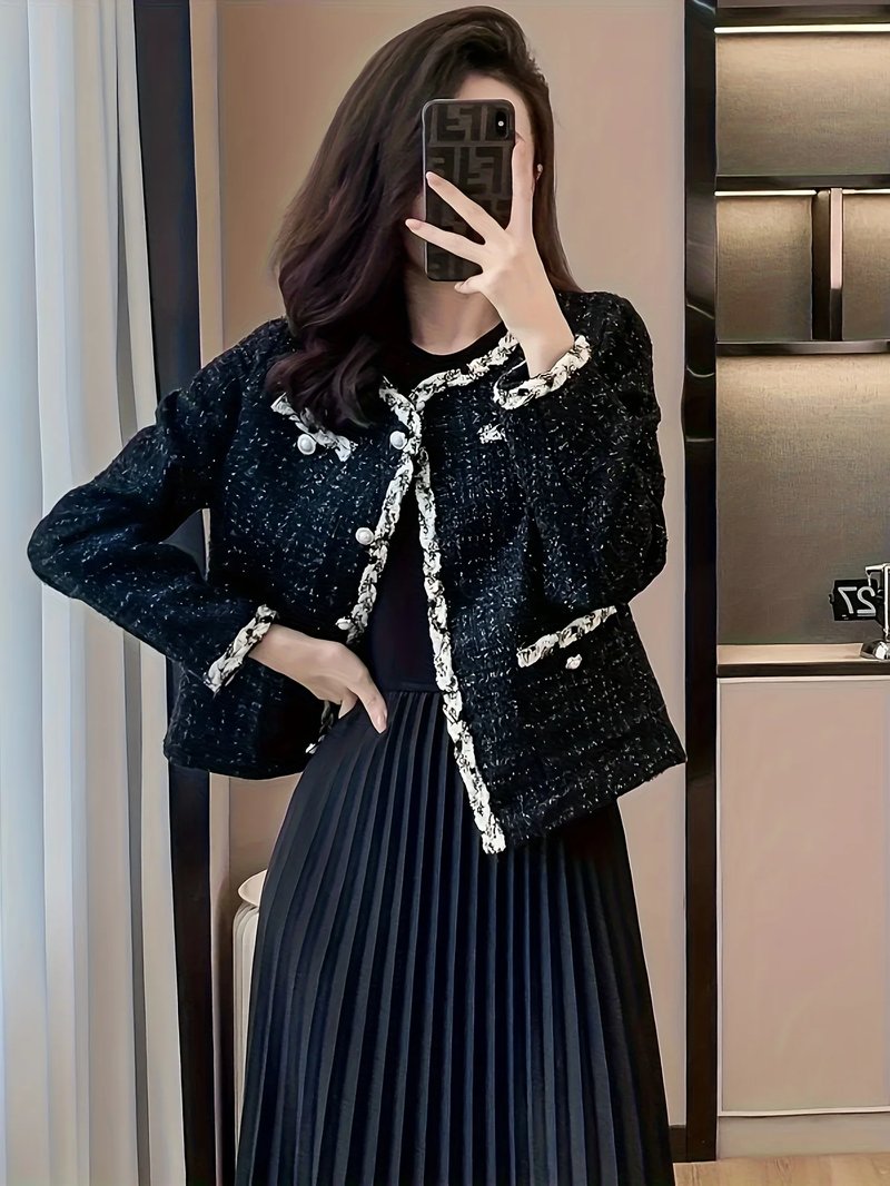 Elegant Black Tweed Blazer with Pearls