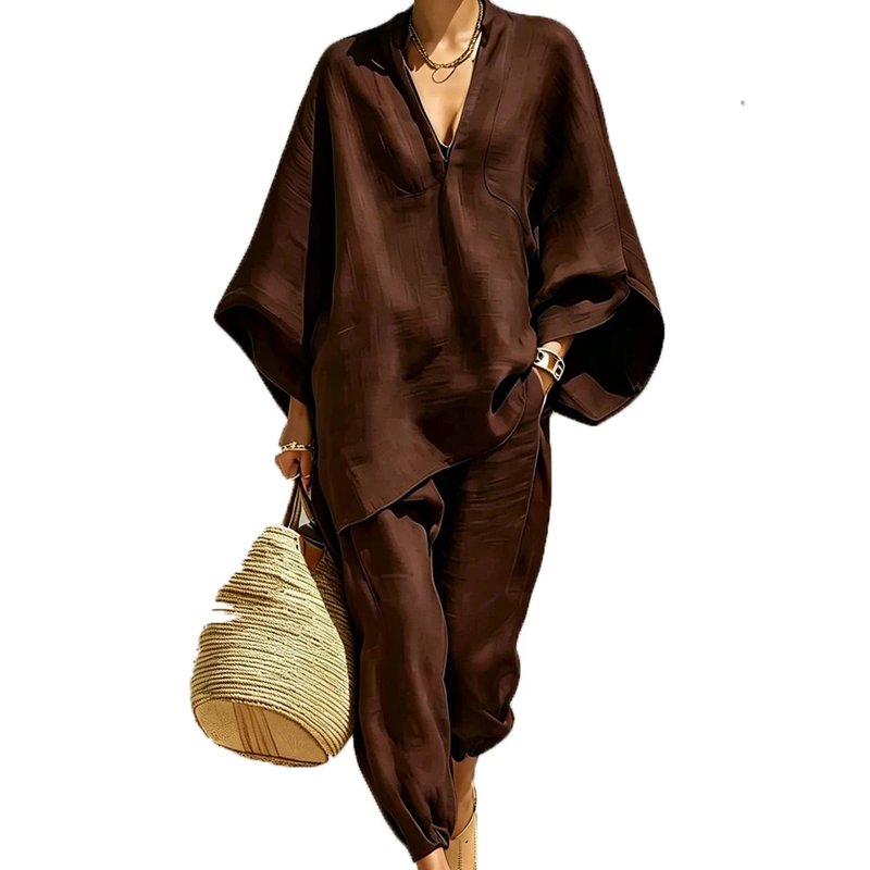 Summer V-Neck Linen Blouse & Pants Set
