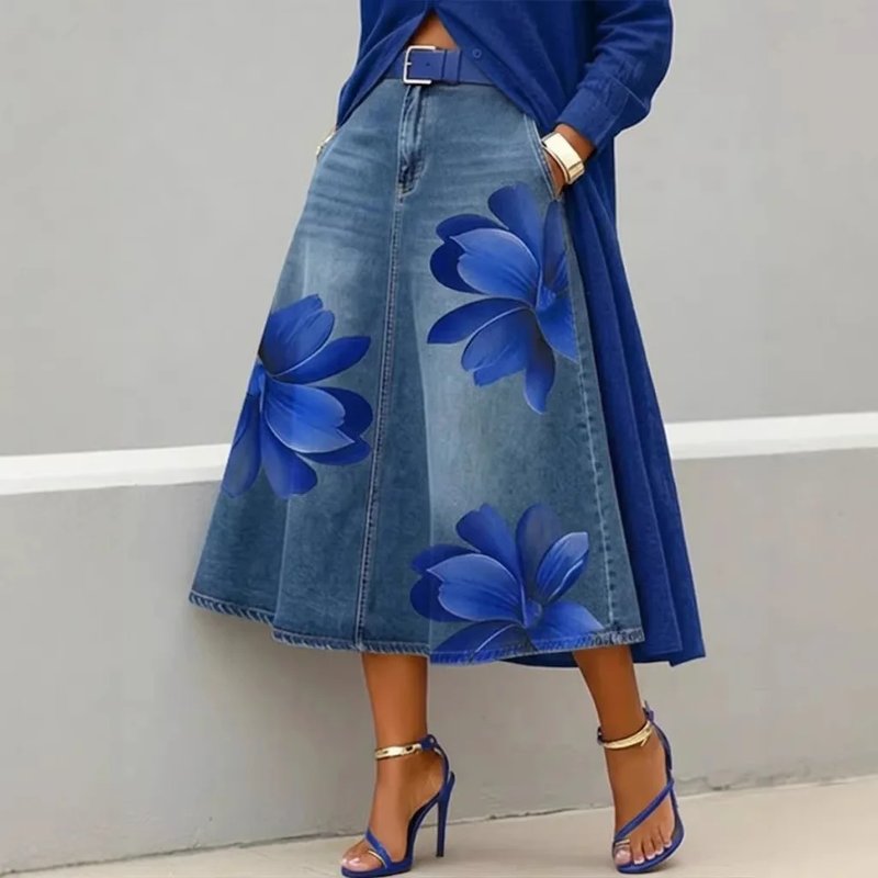 Elegant Floral Denim A-Line Skirt