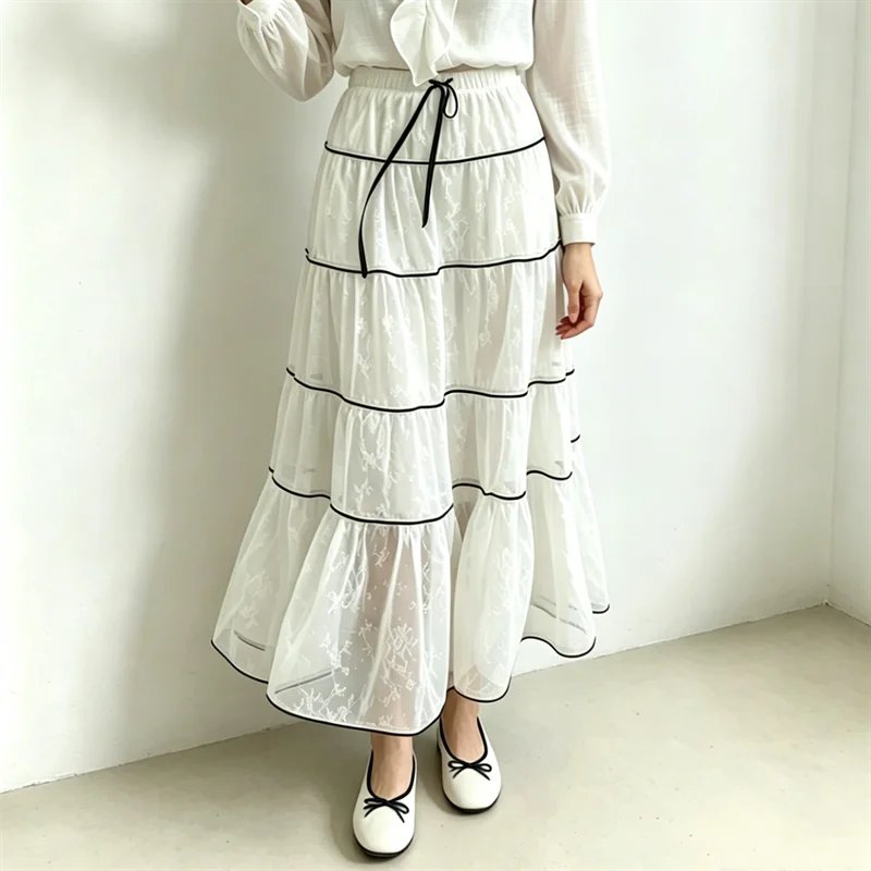 Floral Lace Tiered Midi Skirt