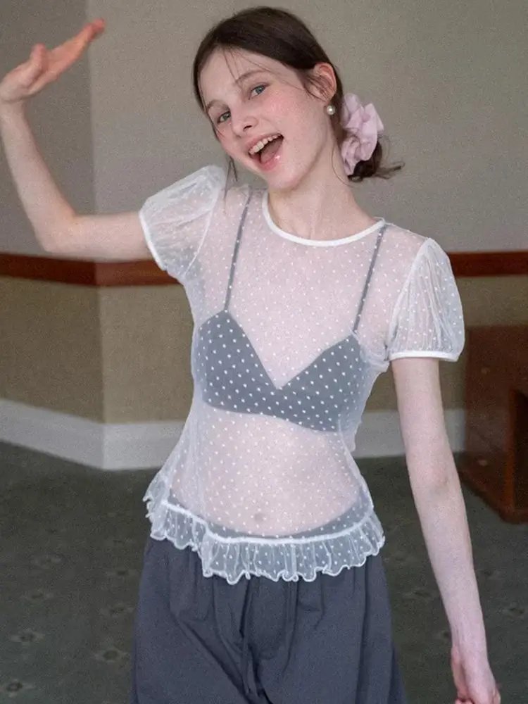 Chic Polka Dot Mesh T-Shirt