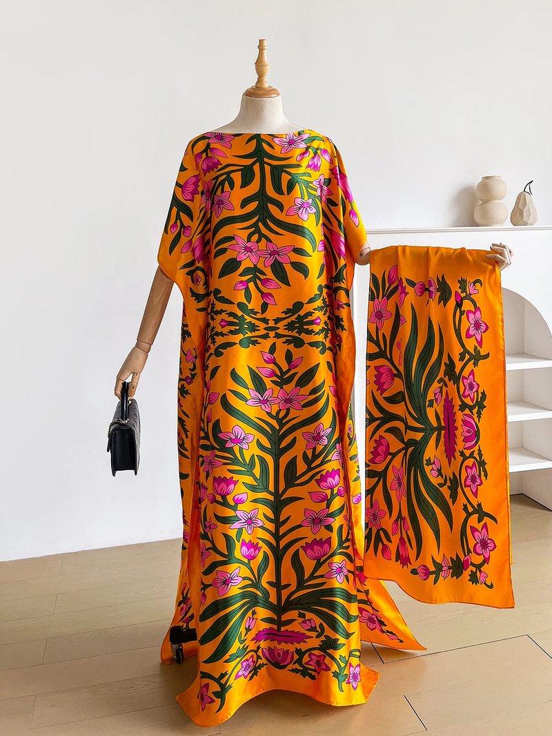 Boho Floral Kaftan Dress with Scarf