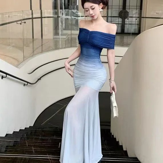 Elegant Blue Gradient Strapless Dress