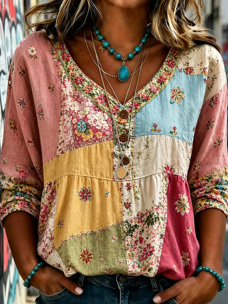 Boho Floral Patchwork Blouse