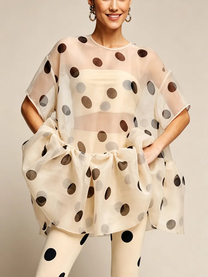 Sheer Polka Dot Ruffle Blouse