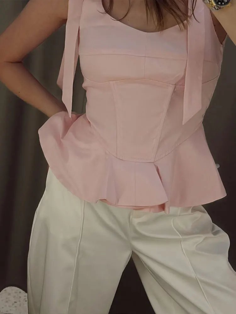 Elegant Bow Strap Peplum Tank Top