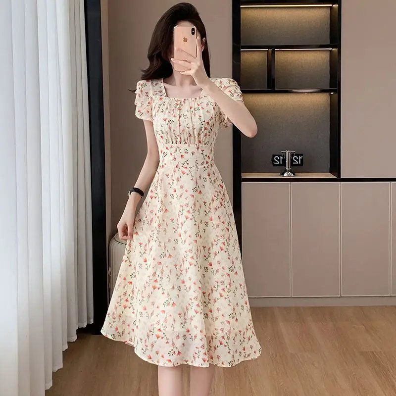 Floral Midi Dress with Puff Sleeves