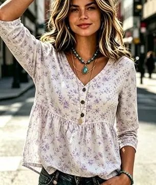 Lavender Floral V-Neck Blouse