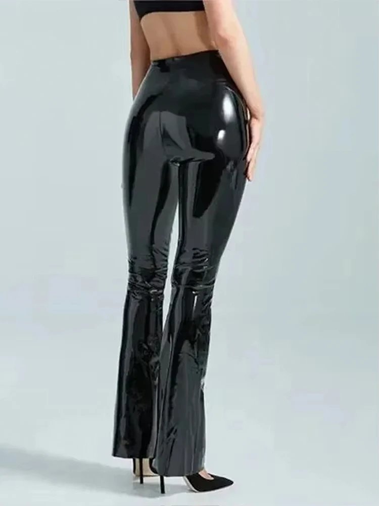 Glossy Faux Leather Bell Bottom Pants
