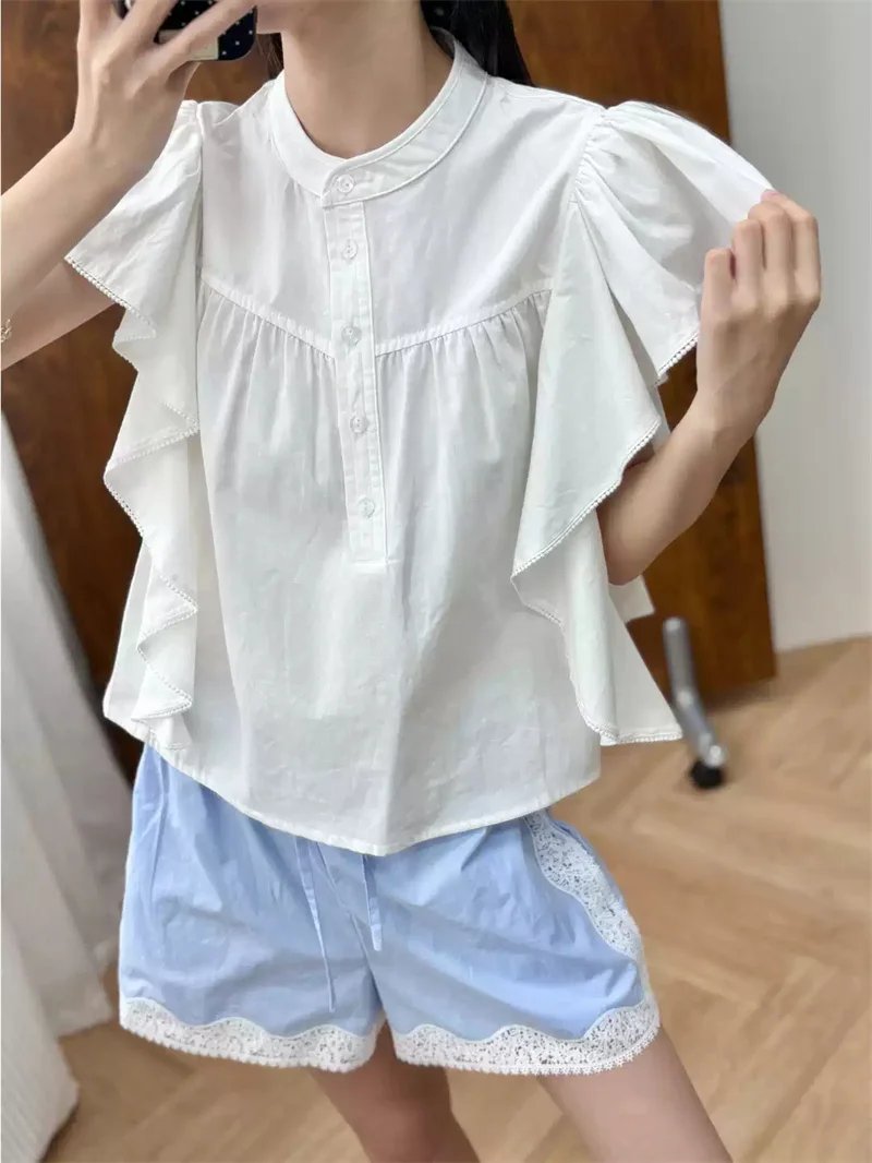 Elegant Lace Trim Cotton Blouse