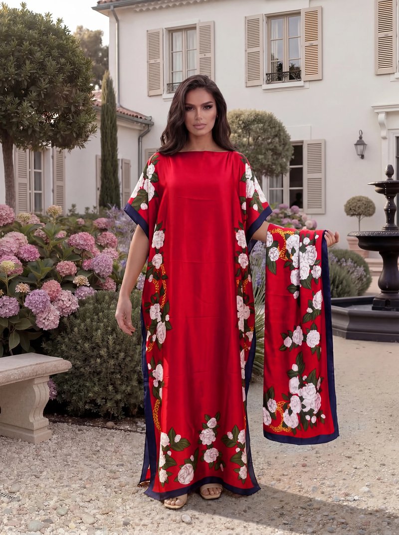 Boho Floral Satin Abaya Set