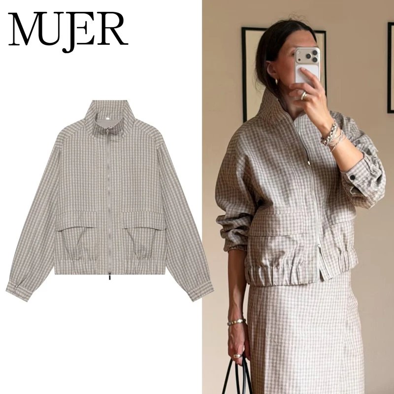 Stylish Women's Plaid Bomber Jacket