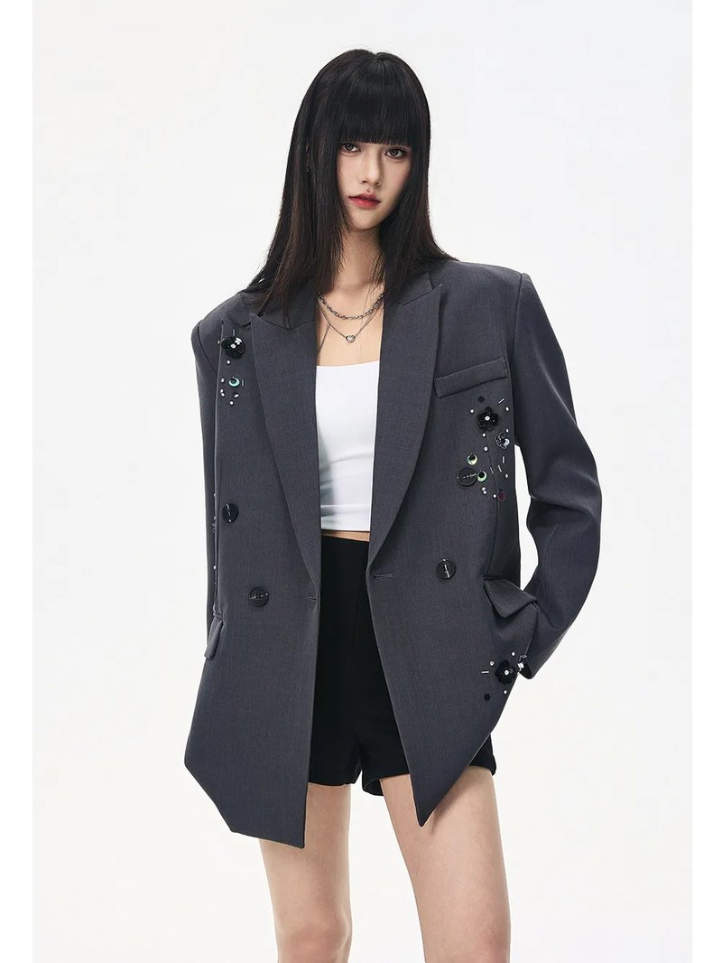 Chic Gray Beaded Blazer Jacket
