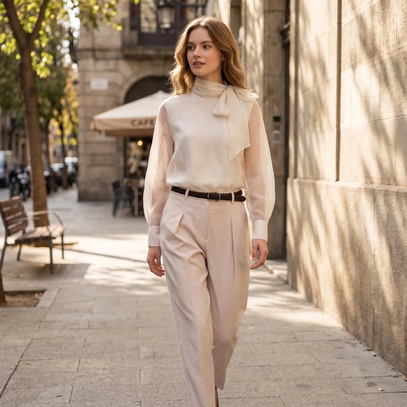 Chic Satin Blouse with Sheer Sleeves