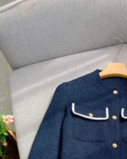 Navy Blue Tweed Blazer with Belt