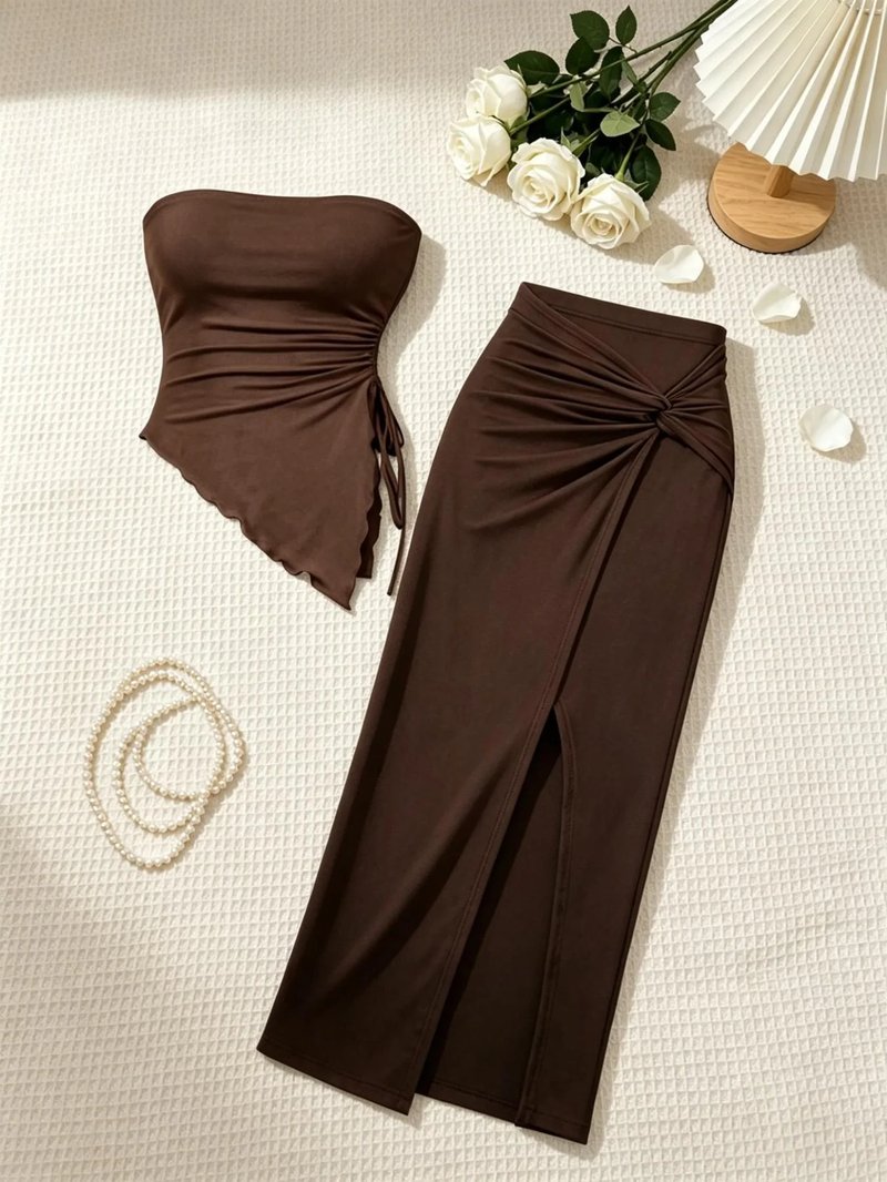 Chic Brown Crop Top & Midi Skirt Set