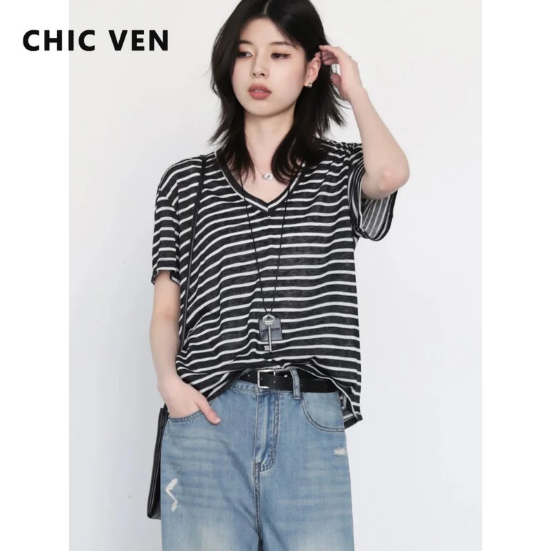 Chic V-Neck Striped T-Shirt