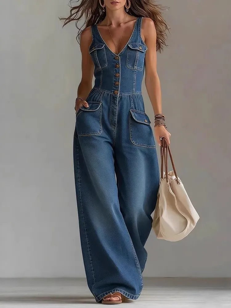 Elegant V Neck Denim Jumpsuit