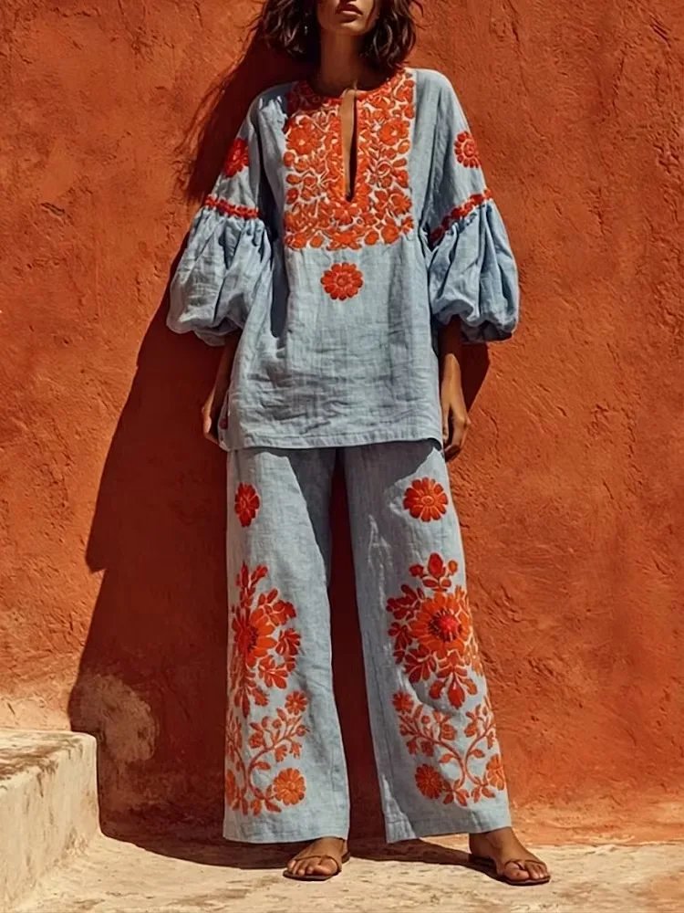 Boho Floral Linen Outfit Set
