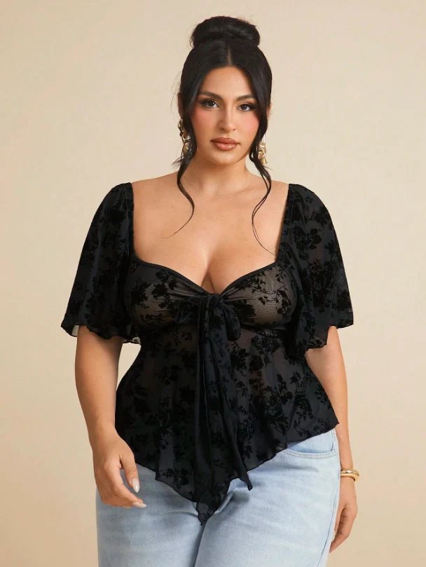 Plus Size Sheer Floral Mesh Top