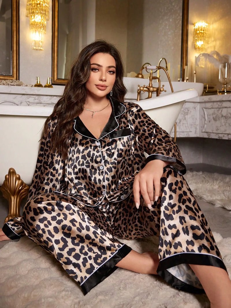 Retro Leopard Print Satin Loungewear Set