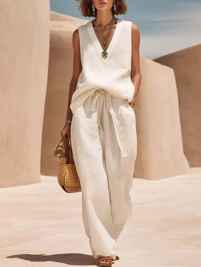 Cotton-Linen Sleeveless V-Neck Set