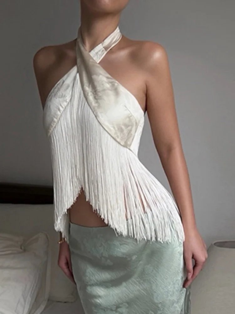 Chic Satin Tassel Crop Top