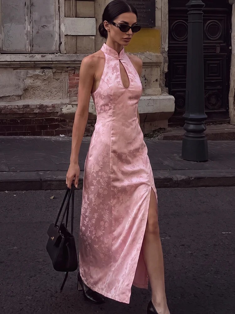Elegant Pink Halter Midi Dress