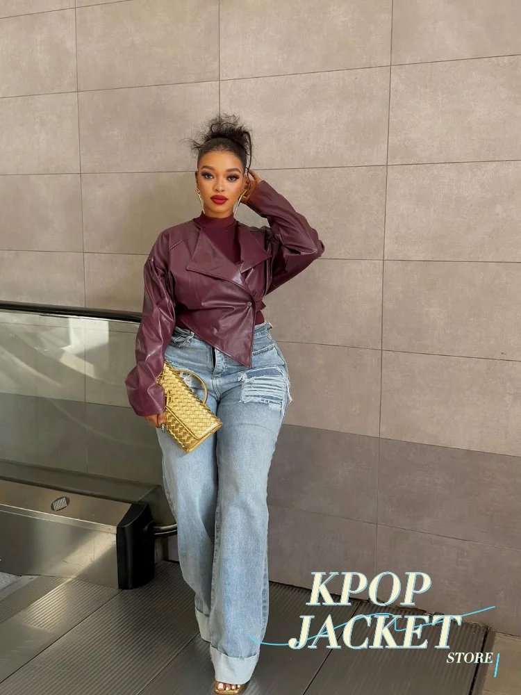 Chic Burgundy Faux Leather Blazer